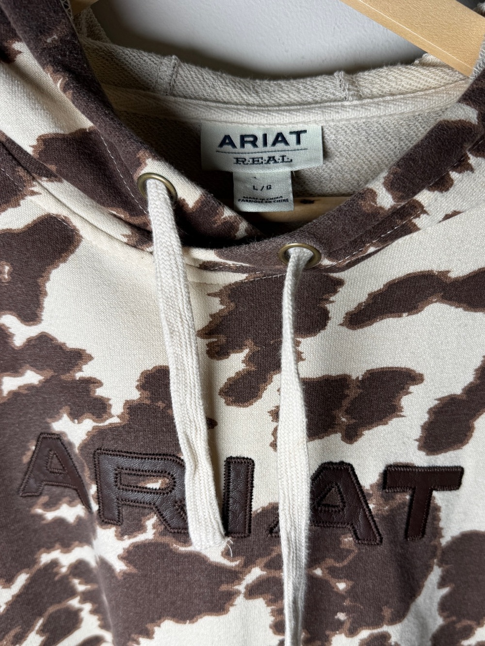 Ariat REAL Cow Print Pullover Hoodie Western Cropped Sz L - Picture 3 of 6